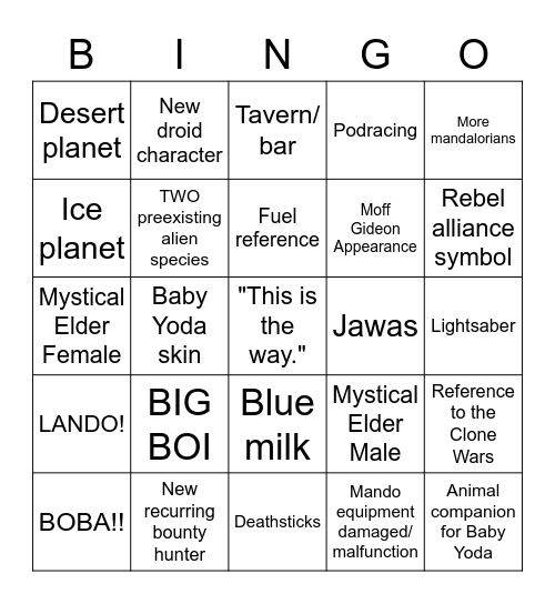 Mandalorian Epiosde 1 Bingo Card