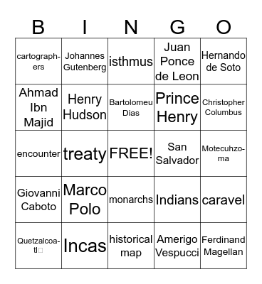 A Time of Exploration (Chapter 3) Bingo Card