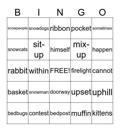 2 Syllable Words Bingo Card