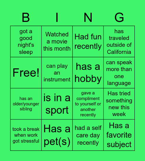 NAMI Ice Breaker Bingo Card