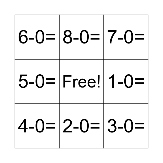 Subtraction Bingo Card