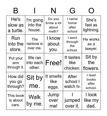 Prepositions Group #2 Bingo Card