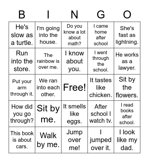 Prepositions Group #2 Bingo Card