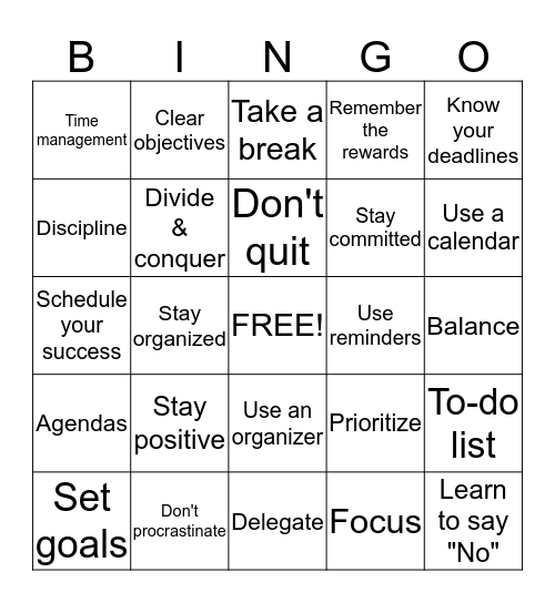 Time Management Bingo Card