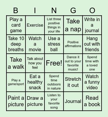 Stress Relief Bingo Card