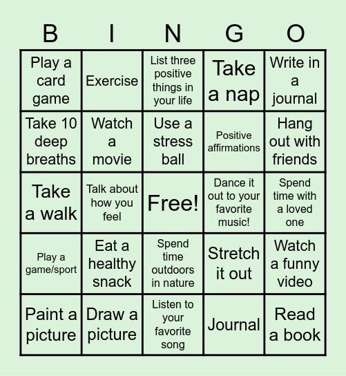 Stress Relief Bingo Card