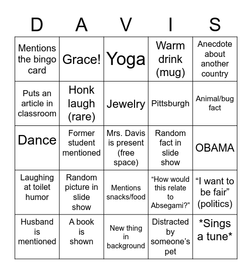 Davis Bingo (virtual sociology edition) Bingo Card