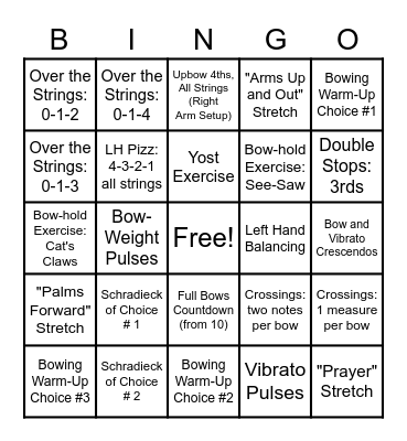 Strings Warm-Ups Bingo Card