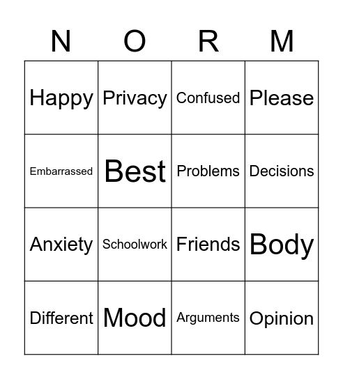 What's Normal? Bingo Card
