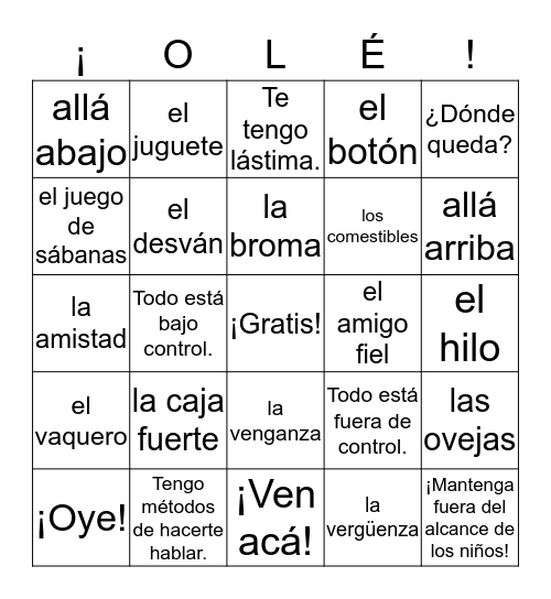 Spanish 5 - Cuento de los Juguetes - Listas 4, 5, 6 Bingo Card