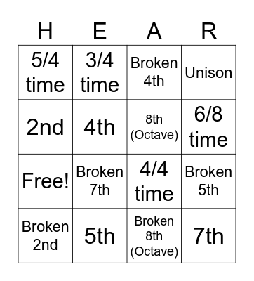 Intervals and Dictation Bingo Card