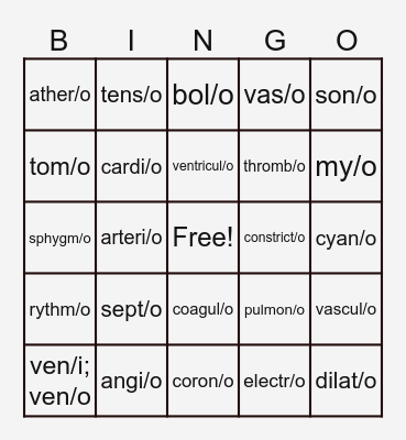 Cardiovascular System CF Bingo Card