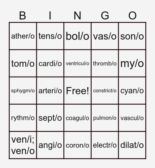 Cardiovascular System CF Bingo Card