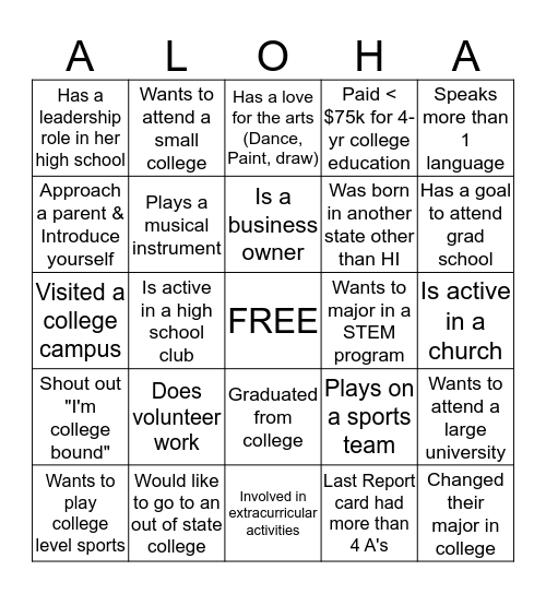 College Prep Hawaii Bingo Card