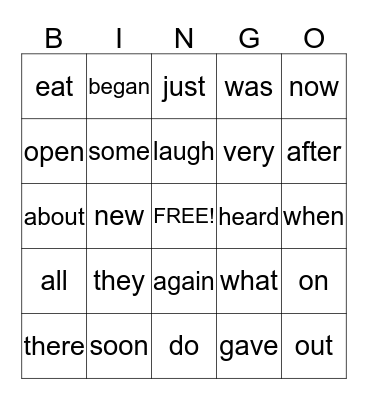 Sight Word Bingo Card