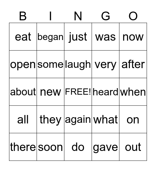 Sight Word Bingo Card