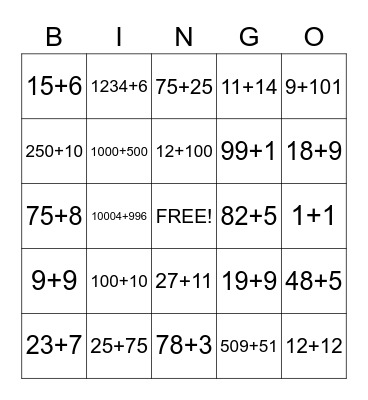 Decomposing Numbers (addition) Bingo Card