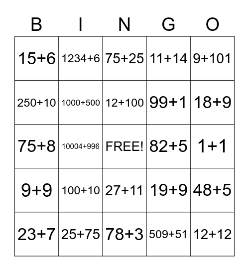 Decomposing Numbers (addition) Bingo Card