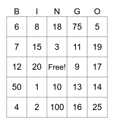 Using Numbers Bingo Card
