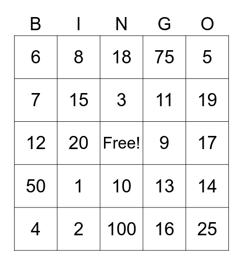 Using Numbers Bingo Card