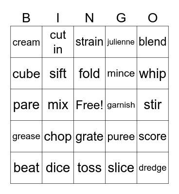 Food Preparation Terms Bingo Card