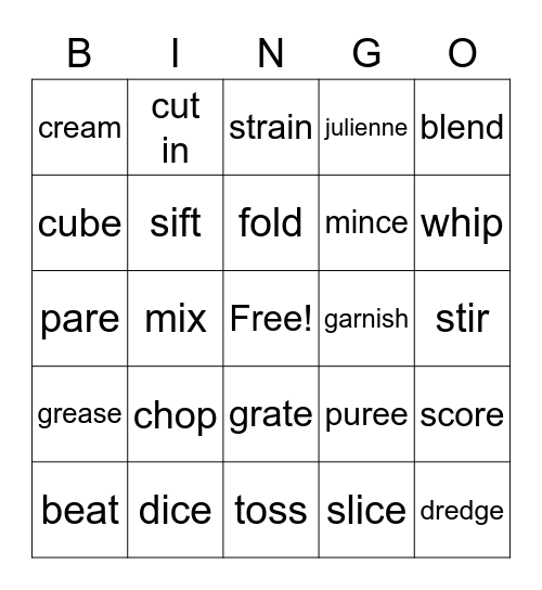 Food Preparation Terms Bingo Card