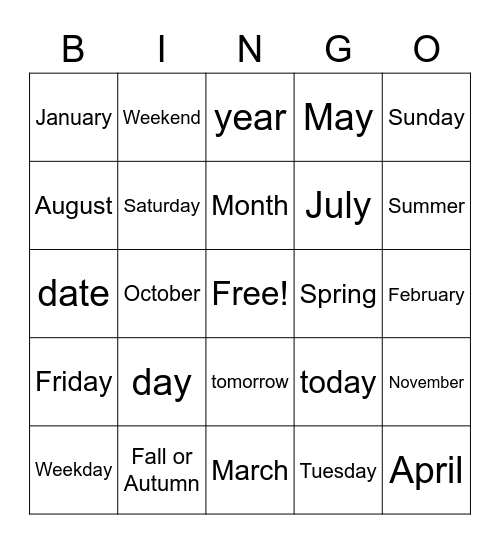 Calander Bingo Card