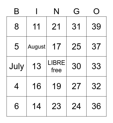 1-39 and months - French Bingo Card