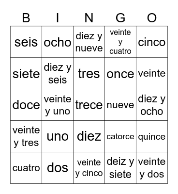 6th Grade Spanish Number Bingo Card