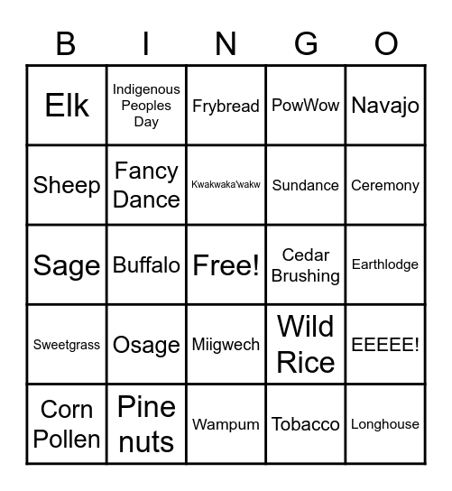 Native American Heritage Month Bingo Card