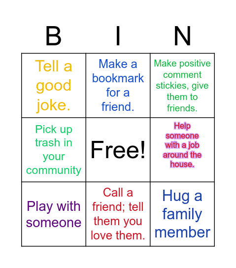Random Acts of Kindess Bingo Card