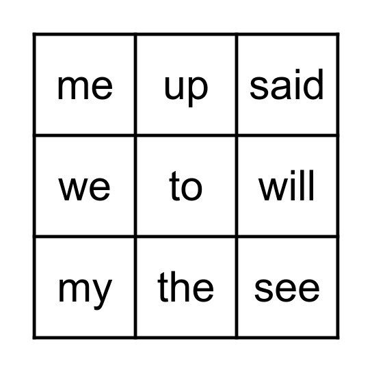 Sight Word Bingo Card