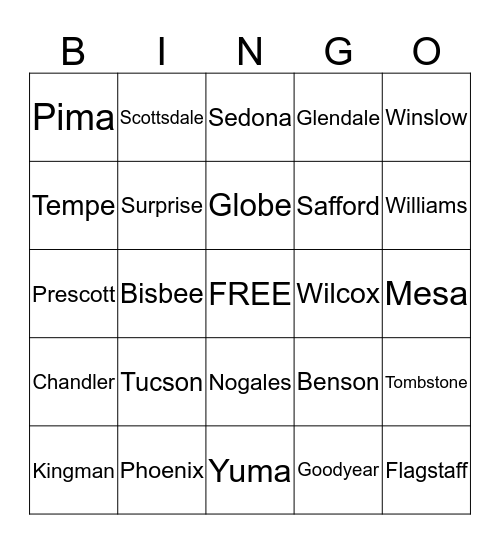 Arizona Cities Bingo Card