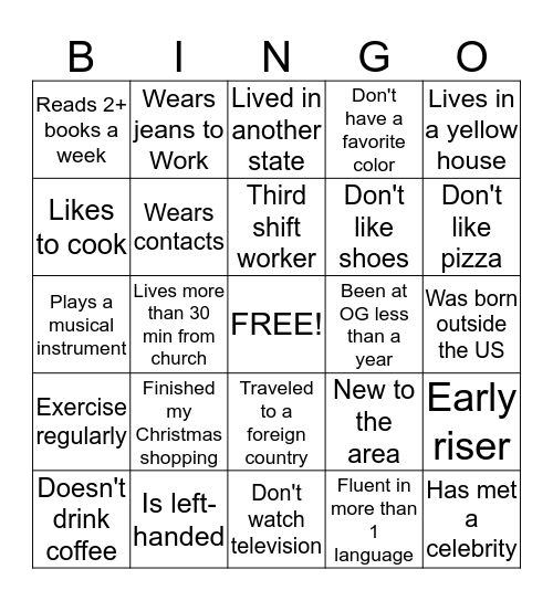 Getting to Know You Bingo Card