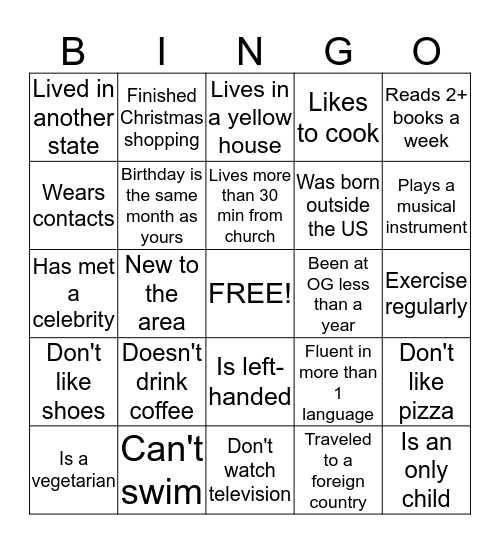 Getting to Know You Bingo Card