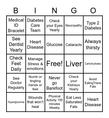 UAII Diabetes BINGO Card