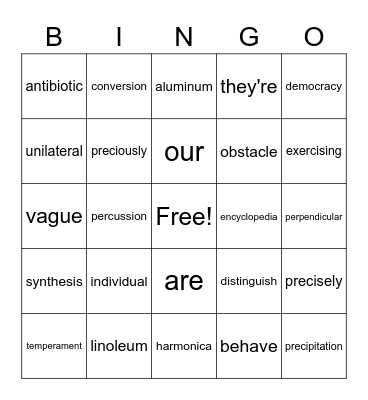 Unusual/Multisyllabic Bingo Card