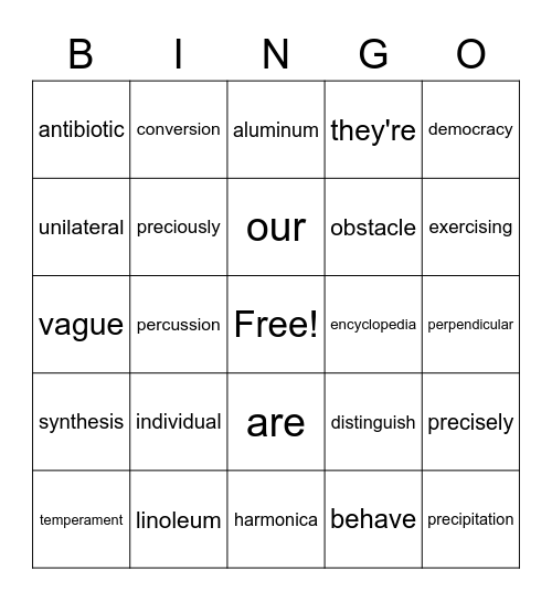 Unusual/Multisyllabic Bingo Card