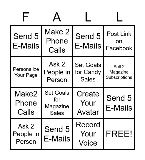 Fall Product Sale Bingo Card