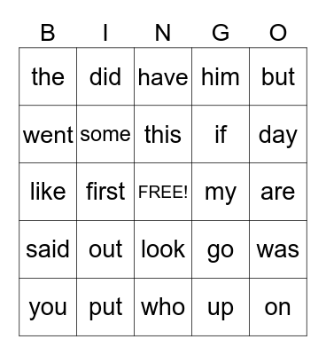 Sight Word BINGO! Bingo Card