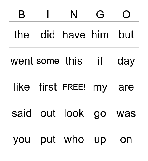 Sight Word BINGO! Bingo Card