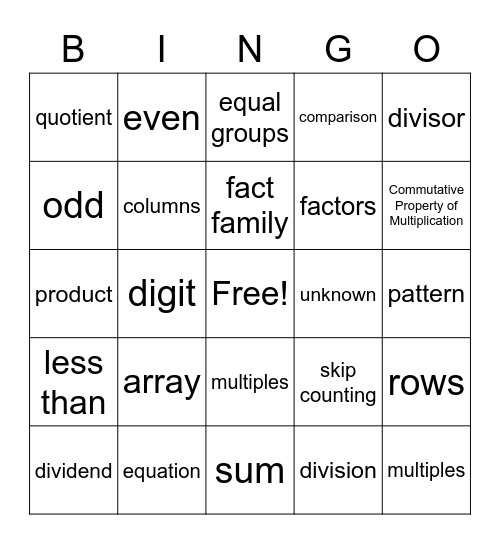 Math Vocabulary Bingo Card