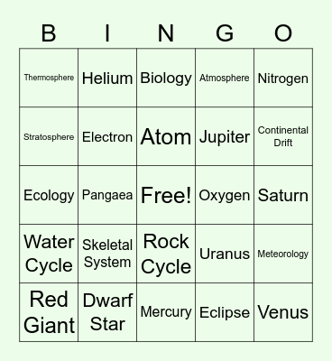 CPHS Fall Festival Science Bingo Card