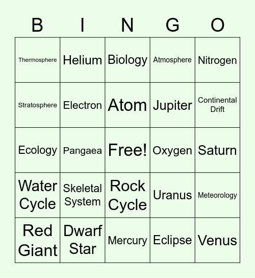 CPHS Fall Festival Science Bingo Card