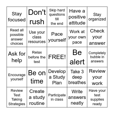 Study Skills  Bingo Card