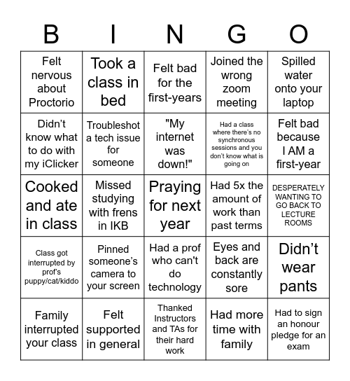 UBC Online Life Hack Bingo Card