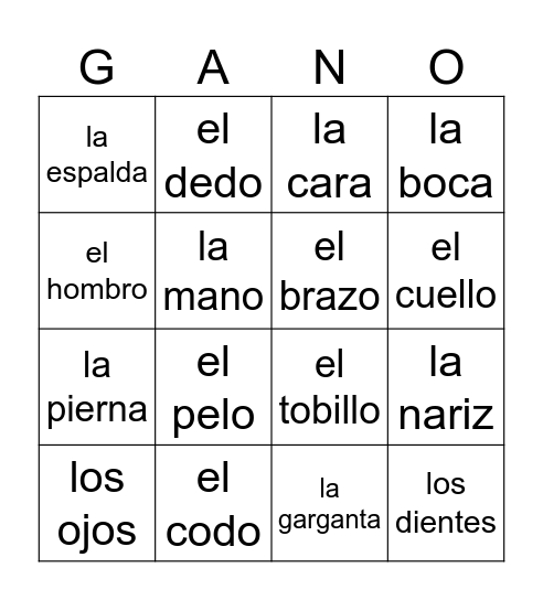 Partes del cuerpo (Texto) Bingo Card