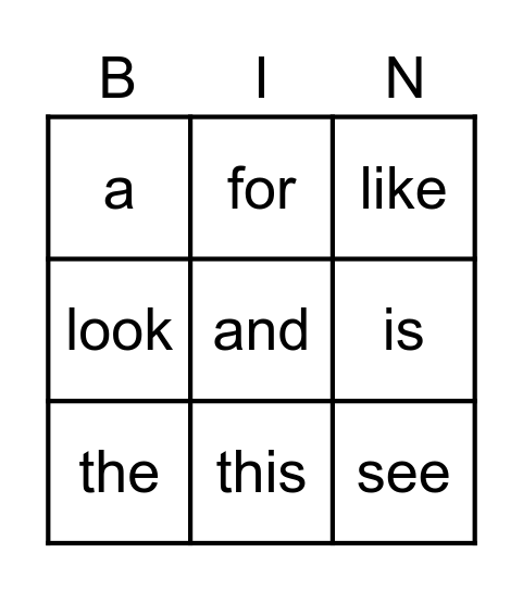 Sight Words Bingo Card