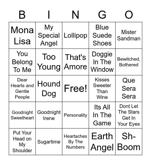 1950's MUSIC BINGO Card