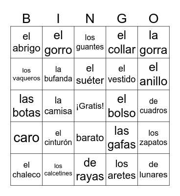 La ropa y los accesorios (Texto) Bingo Card